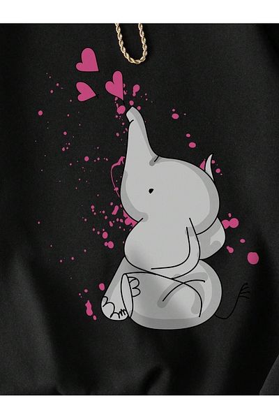 mercoledi Hanorac oversize negru unisex cu inimă de elefant cu imprimeu