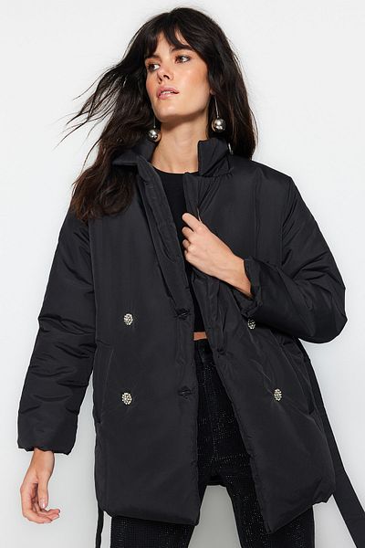 Trendyol Collection Black Belted Stone Button Detailed Water Repellent Quilted Puffer Jacket TWOAW24MO00032