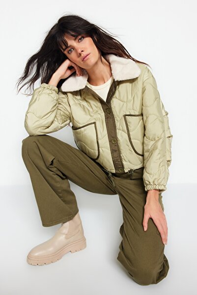 Trendyol Collection Water Repellent Quilted & Coat - Light Khaki Color, Blocky and Plush Collar Detail