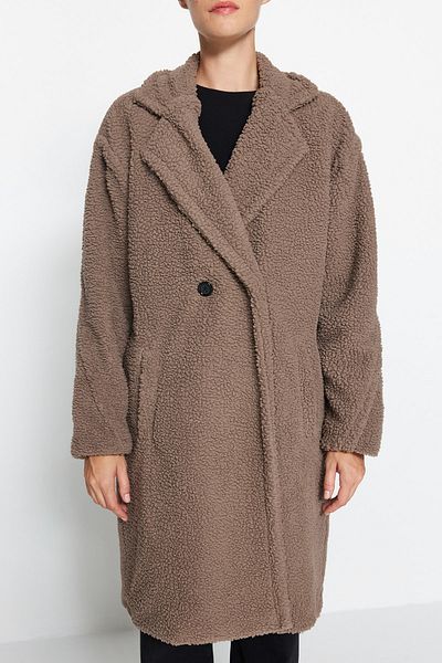 Trendyol Collection Дълго плюшено палто от норка с широка кройка TWOAW24KB00101