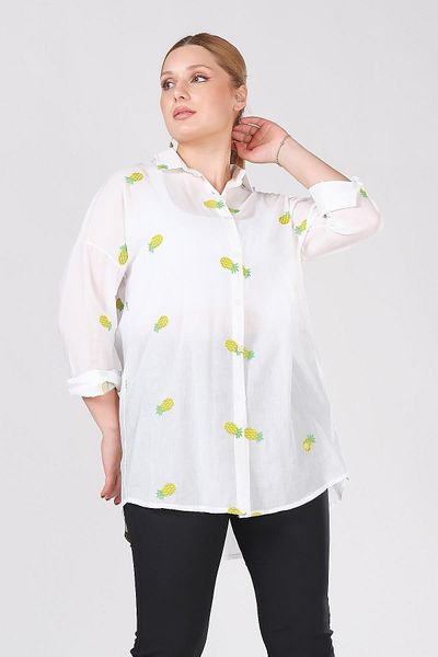 Giyim Dünyası Kafın Pineapple Embroidered Shirt Ecru
