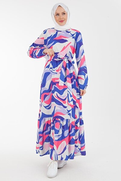 Armine Kadın Viscon Kumaşlı Belden Kuşaklı Çok Renkli Desenli Maxi Tesettür Elbise