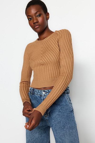 Trendyol Collection Трикотажен пуловер с кръгло деколте с камила TWOAW24KZ00765