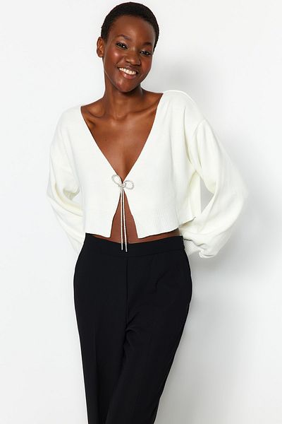 Trendyol Collection Ecru Super Crop Bow részletes kötöttáru kardigán - TWOAW24HI00315