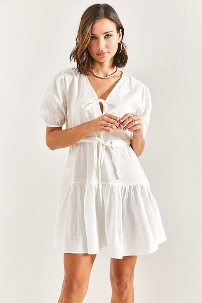 Bianco Lucci Women's Tie-Front Elastic Sleeve Dress