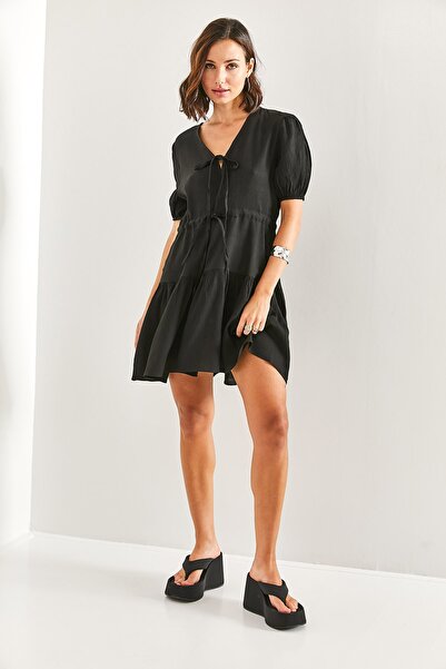 Bianco Lucci Dámské šaty s elastickým rukávem na zavazování vpředu