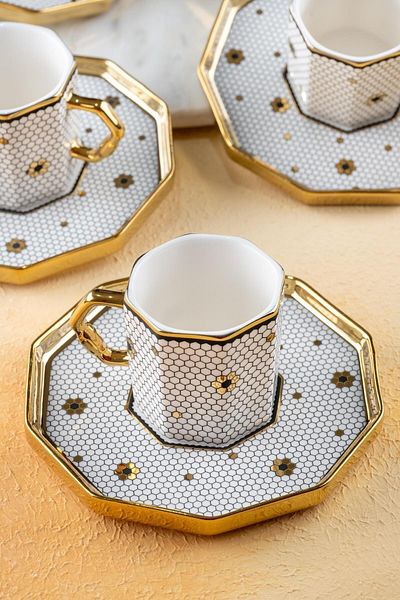 ACAR Sedwick Honeycomb Pattern Gold Gilt 90 ml Porcelain Coffee Cup Set for 6 People 0202