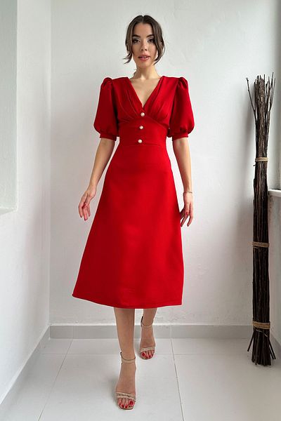 Seda Yalçın Atelier Red Pearl Button Detail Dress