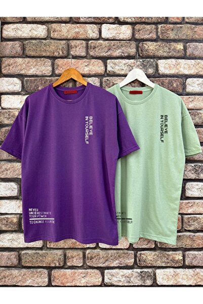 ORLONTEX Ανδρικό μπλουζάκι 2-συσκευασίας μωβ-πράσινο με στάμπα Believe Oversi...