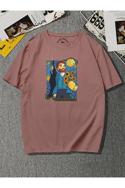 DEEPSENCE Unisex Brick color Van Gogh Front Printed Oversize cotton T-shirt