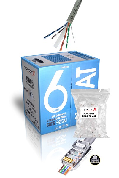 APRONX Cat6 23AWG 305 Metre 0,50mm Gri UTP Kablo +100 Adet EZ Jak