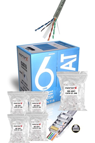 APRONX Cat6 23AWG 305 Metre 0,50mm Gri UTP Kablo +500 Adet EZ Jak