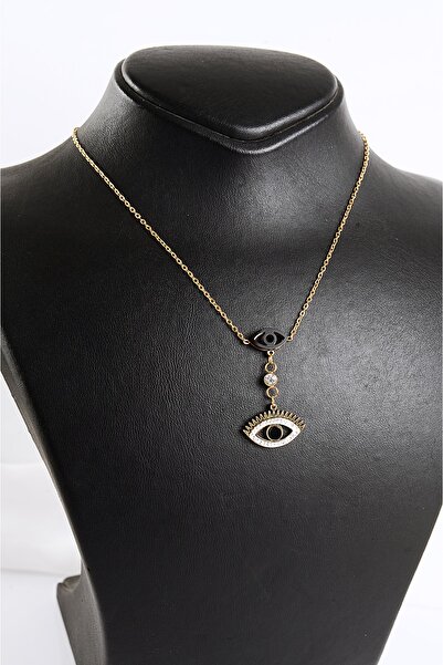 EUROMODA عقد من الفولاذ باللونين الذهبي والفضي مع تصميم عين فولاذية وحجر زركون