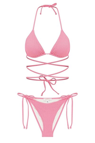 AQUELLA Üçgen Gold Simli Pembe Dokulu Bikini Takım