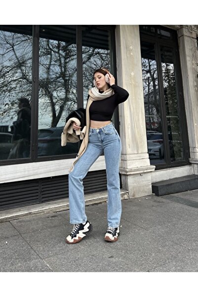 BROSERER بنطلون جينز ليو آيس سنو إسبادريل أزرق جينز بخصر عالٍ أزرق واسع بغسل ...