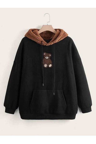 MOONBULL Unisex plyšová hnědá mikina s kapucí Teddy Printed Black Oversize