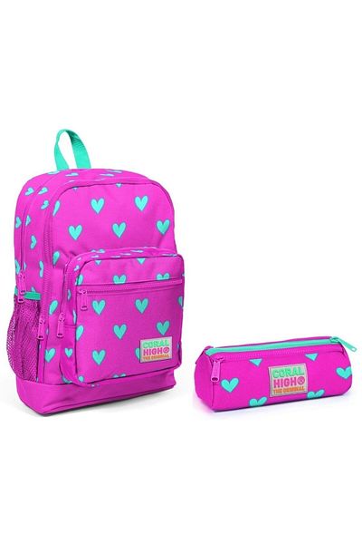 Coral High Set rucsac și pix pentru școală cu model inimă roz - fetiță