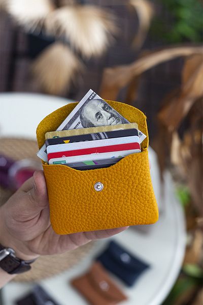 Garbalia Murcia Genuine Leather Fine Design Mustard Yellow Coin and Card Holder