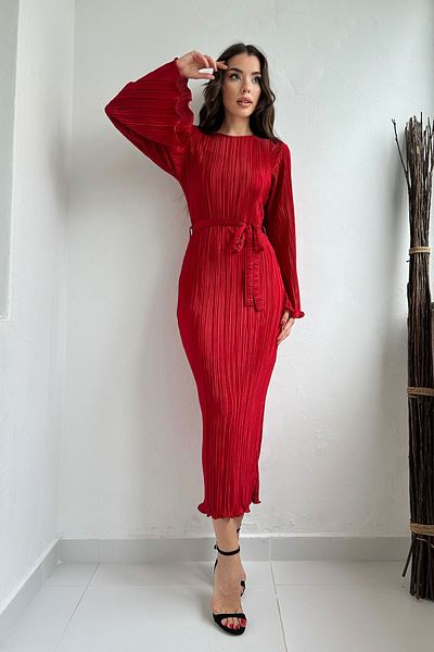 Seda Yalçın Atelier Red Spanish Sleeve Pleated Belted Dress