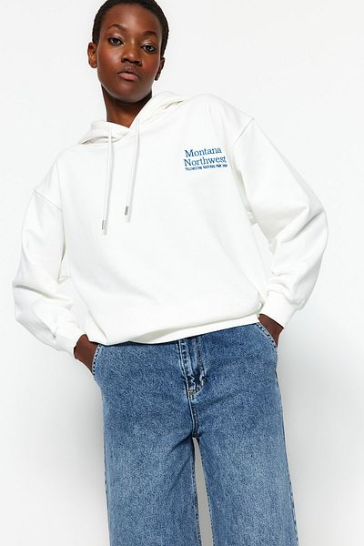 Trendyol Collection Ecru Regular Slogan Embroidered Hooded Thick Knitted Sweatshirt TWOAW24SW00027