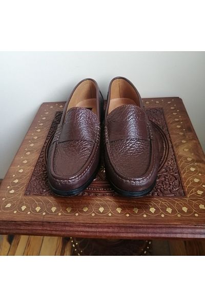 Butik Tülin Men's genuine cowhide leather coffee wrinkle texture banded leathery rubber non-slip sole loafer shoes