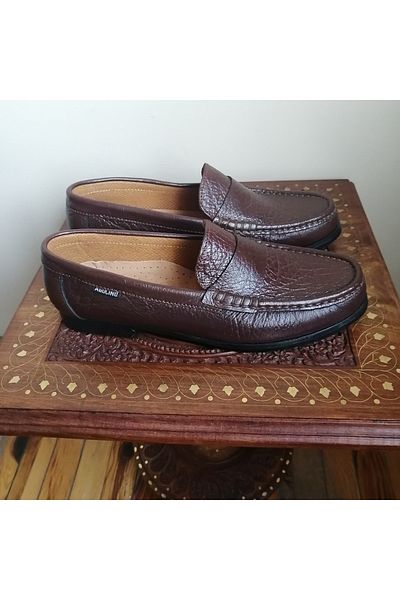Butik Tülin Men's genuine cowhide leather coffee wrinkle texture banded leathery rubber non-slip sole loafer shoes