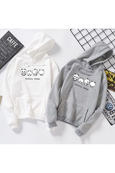Keywest Large Size 2 Pack Grey-White Dinngul Printed Oversize 3 thread Hooded Sweatshirt-Hoodie with Pocket