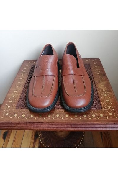 Butik Tülin Men's genuine leather tan banded front hand-stitched genuine rubber non-slip sole loafer shoes