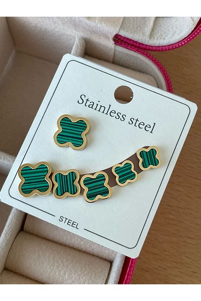 JELLY Women's Steel Gold Color Green Enamel Clover Model 6-Piece Earring Set