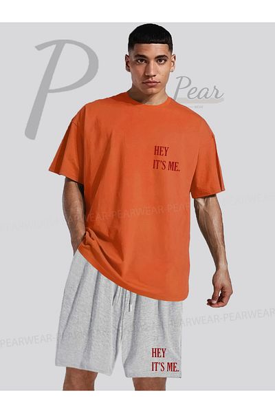 Pear Wear Hey Its Me Printed Oversize T-Shirt Regular Fit Shorts T-Shirt Shorts Double Set