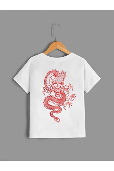 Revasser KİDS Çocuk Unisex Oversize Beyaz Kırmızı Ejderha Ön-arka Baskılı T-s...
