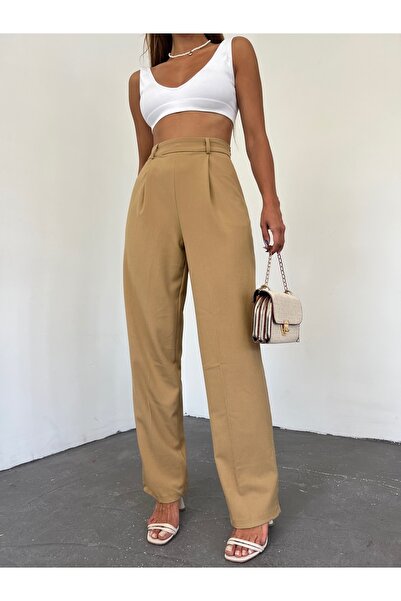 LB Laluna Butik Γυναικείο υφασμάτινο παντελόνι με λεπτομέρεια ψηλόμεσο καρότο