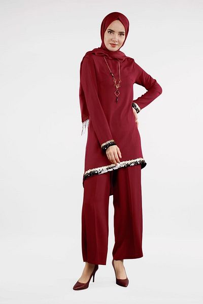 TRENDTESETTÜR Set de 2 piese pentru femei, burgundă, cu vârf și manșete cu paiete 0591