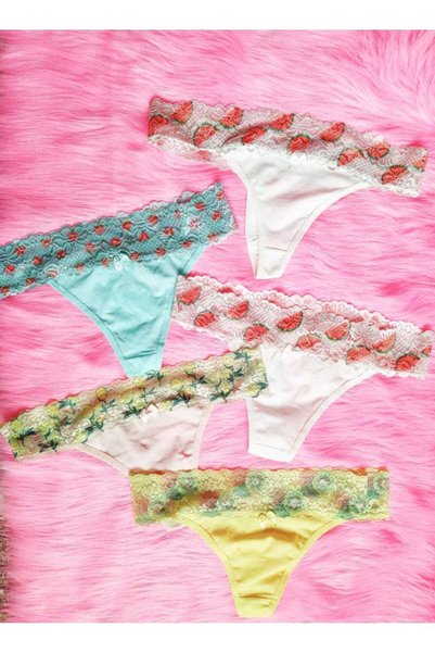 ROSE LİNGERİE Yılbaşı Özel Dantelli Meyve Desenli Tanga Slip 5 Adet
