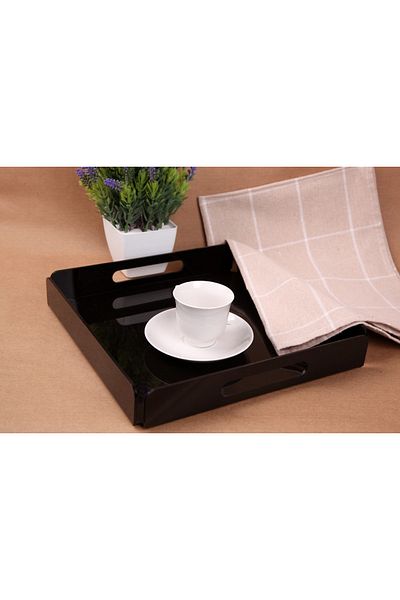 Asfal Black Plexiglass Tray with Handle 25x25 Cm Service, Coffee, Tea, Presentation and Gift Tray 3mm