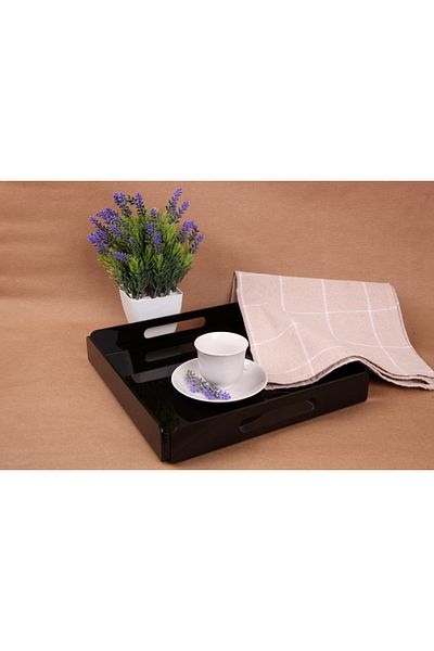 Asfal Black Plexiglass Tray with Handle 25x25 Cm Service, Coffee, Tea, Presentation and Gift Tray 3mm