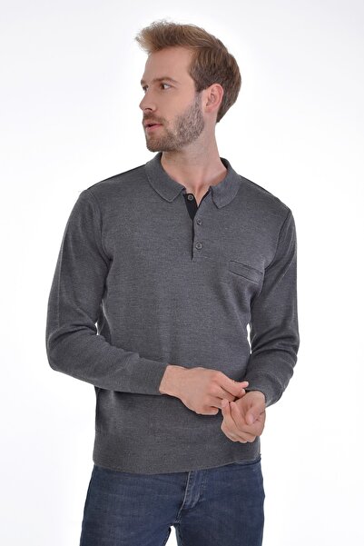 Çizgi Triko Чоловічий трикотажний коричневий светр з коміром-поло, кишенями та еластичними манжетами, трикотажний