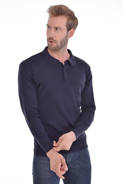 Çizgi Triko Чоловічий трикотажний чорний светр з коміром-поло, кишенями та еластичними манжетами, трикотажний