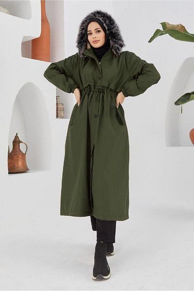 TRENDTESETTÜR WOMEN'S KHAKI BELTED HOODED MANTO 5013