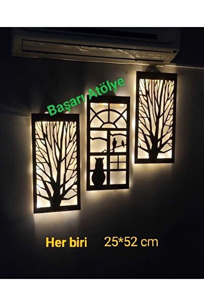BAŞARI ATÖLYE AHŞAP IŞIKLI 3 LÜ DUVAR TABLO SETİ KAHVERENGİ
