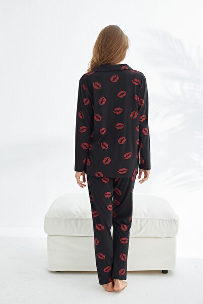 Siyah İnci Black lip patterned Cotton Buttoned Pajama Set