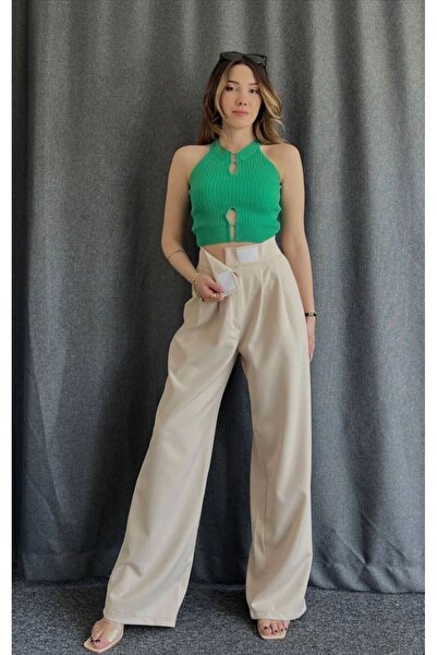 LAMİRAMOOD بنطلون نيفا قماش بيج عالي الخصر مغطى بشريط فيلكرو