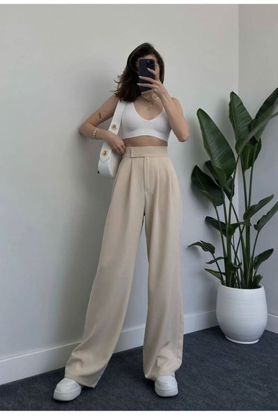 LAMİRAMOOD Neva Velcro Coated High Waist Beige Fabric Trousers
