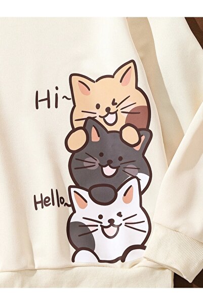 Machetta Hi Cats Printed Ecru Hooded Special Design Kids Tracksuit Set