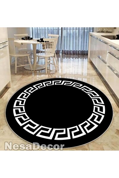 NesaDecor Beyaz Çerçeveli Siyah Yunan Anahtarı Sembol Halı Kaymaz Taban Salon...