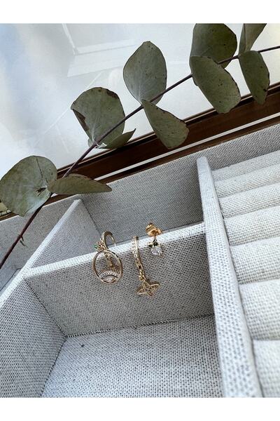 Ce est Ca Baykuşlu yeşil taşlı üçlü çelik küpe