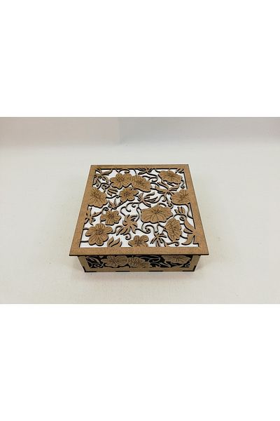 14lazerkesim Multi-Purpose Decorative Wooden Box with Flower Detail