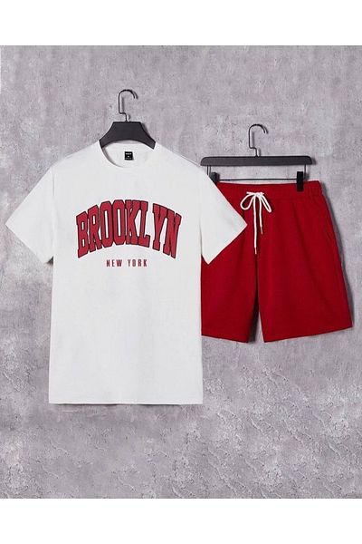 Keywest Unisex Brooklyn Red εμπριμέ λευκό μπλουζάκι με κόκκινο σορτς καλοκαιρινό κοστούμι