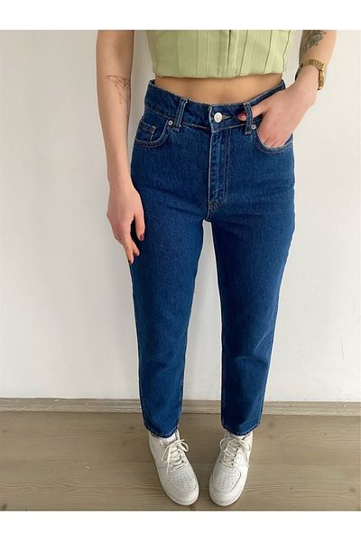 BROSERER Pantaloni negru albastru închis Lycra Mom Fit cu fermoar