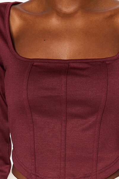 Trendyol Collection Klaretová červená lemování Detailní čtvercový výstřih pletená pletená halenka s pleteným zámkem TWOAW23BZ00151